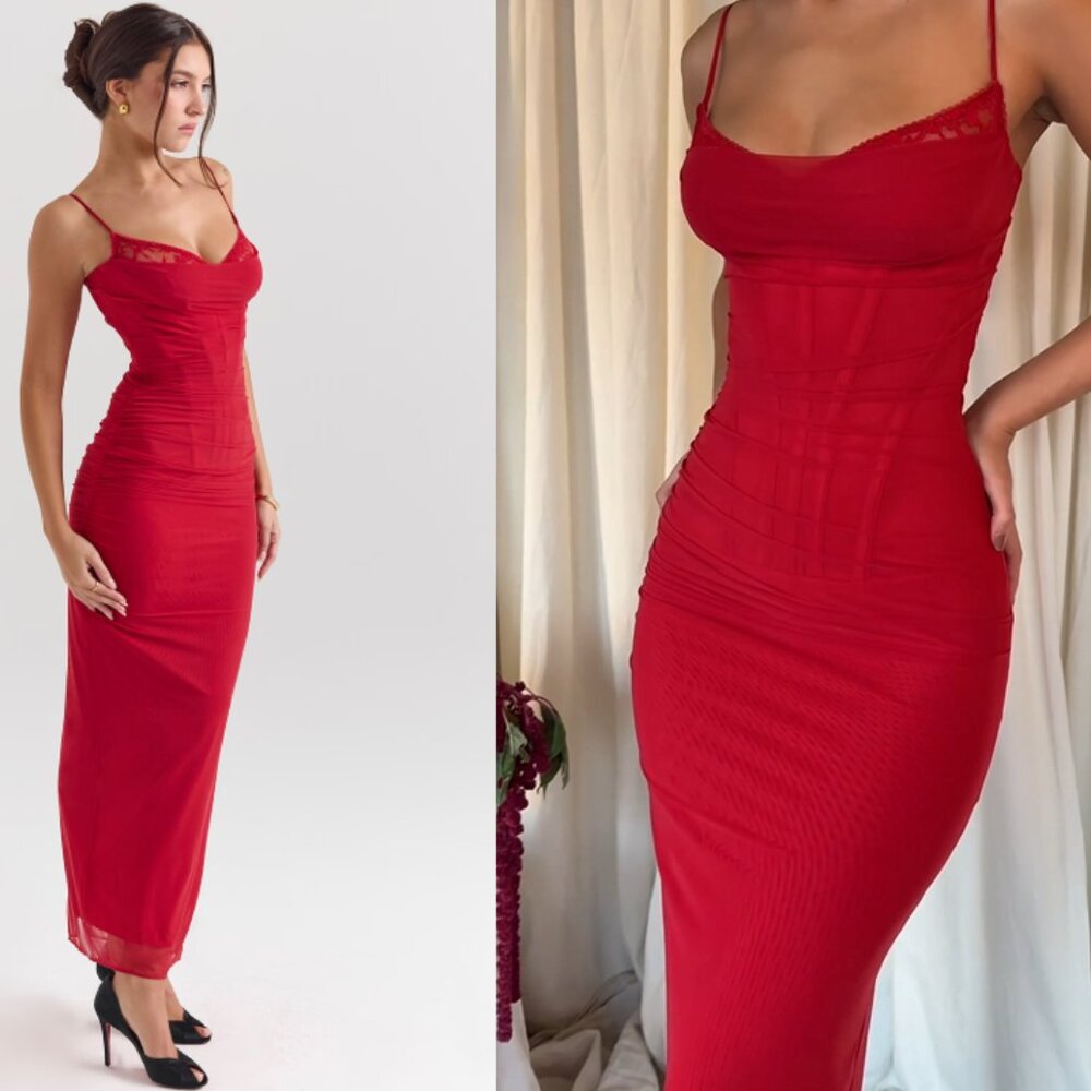 HOUSE OF CB 'Nalini' Holly Red Mesh Corset Maxi Dress NWOT - Picture 5 of 10